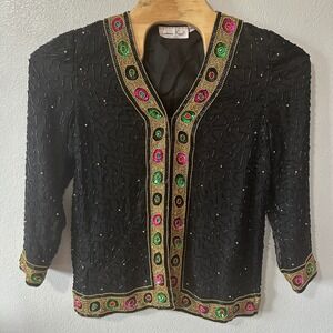 Laurence Kazar Beaded Silk Jacket‎ Embellished Party Evening Top Black Medium